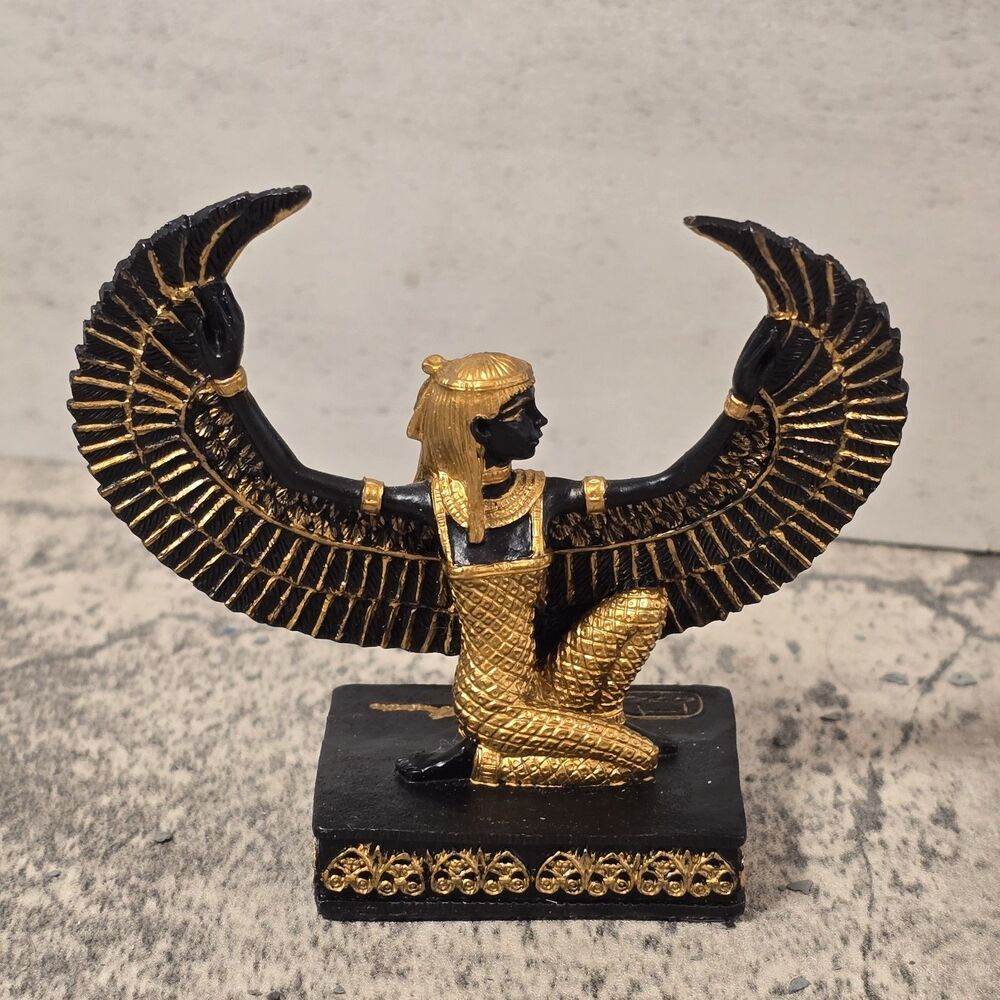Egyptian Goddess Isis Statue Gold Winged Figurine Hand-Painted Decor 3" X 4"